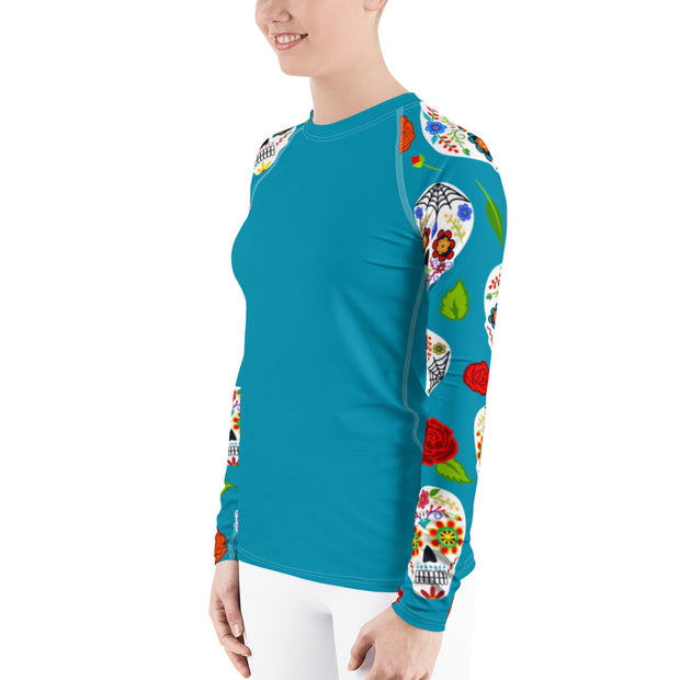 "Skulls & Rosa" Land & Sea Fitness Top in Ocean Blue