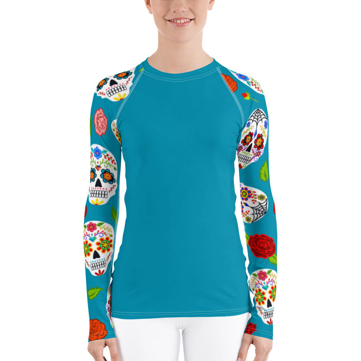 "Skulls & Rosa" Land & Sea Fitness Top in Ocean Blue