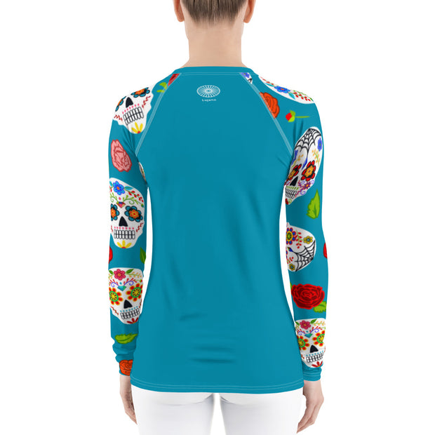 "Skulls & Rosa" Land & Sea Fitness Top in Ocean Blue